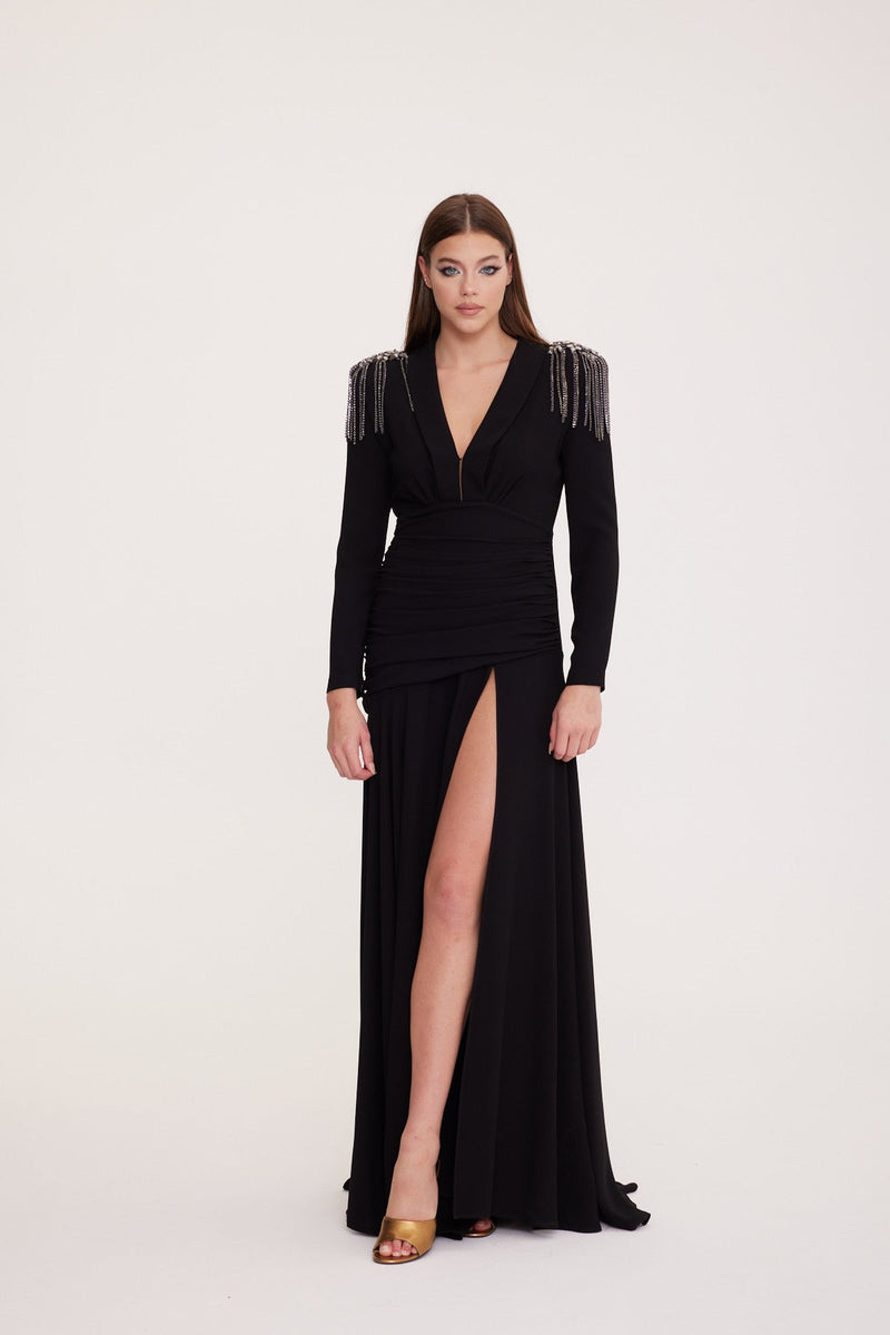 Galler - Long Sleeve V-Neck Deep Slit Dress