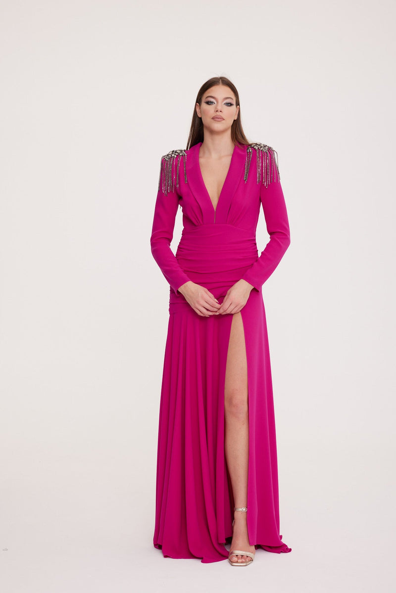 Galler - Long Sleeve V-Neck Deep Slit Dress