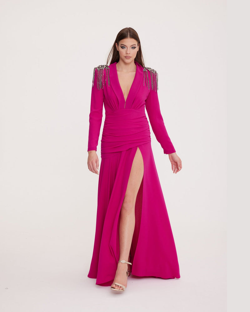 Galler - Long Sleeve V-Neck Deep Slit Dress