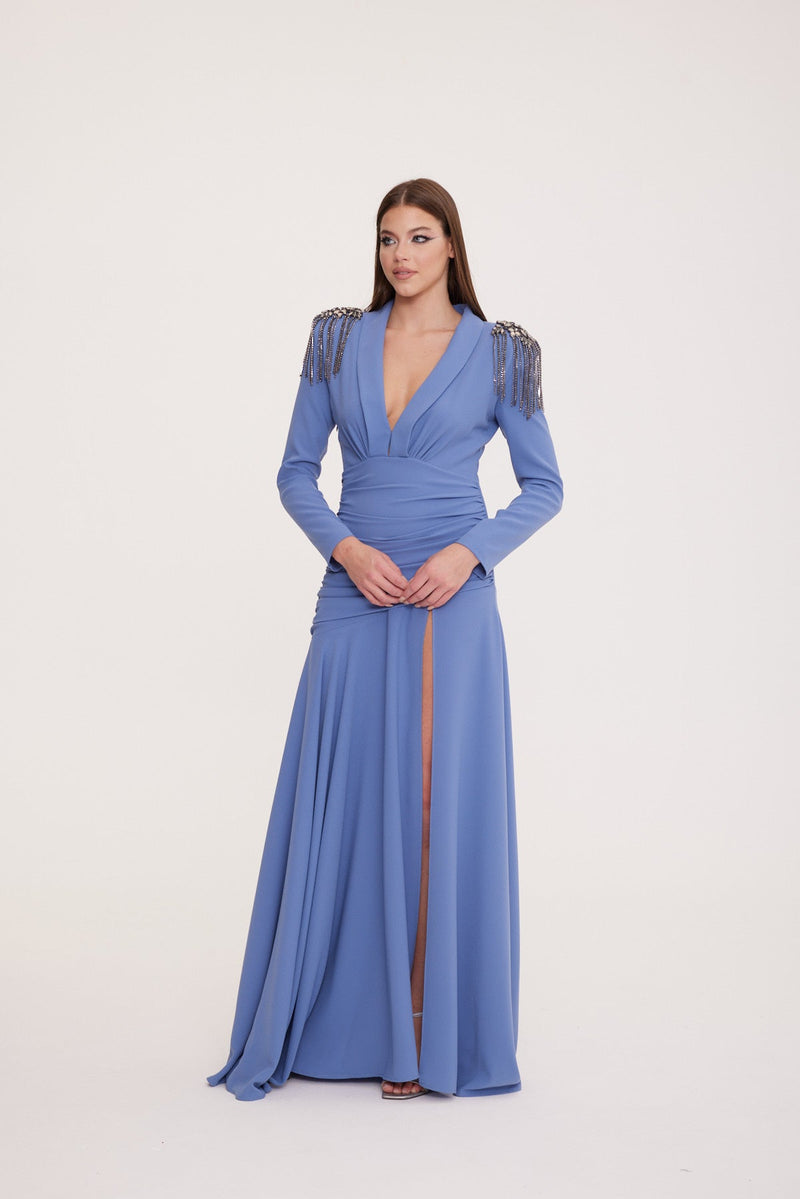 Galler - Long Sleeve V-Neck Deep Slit Dress