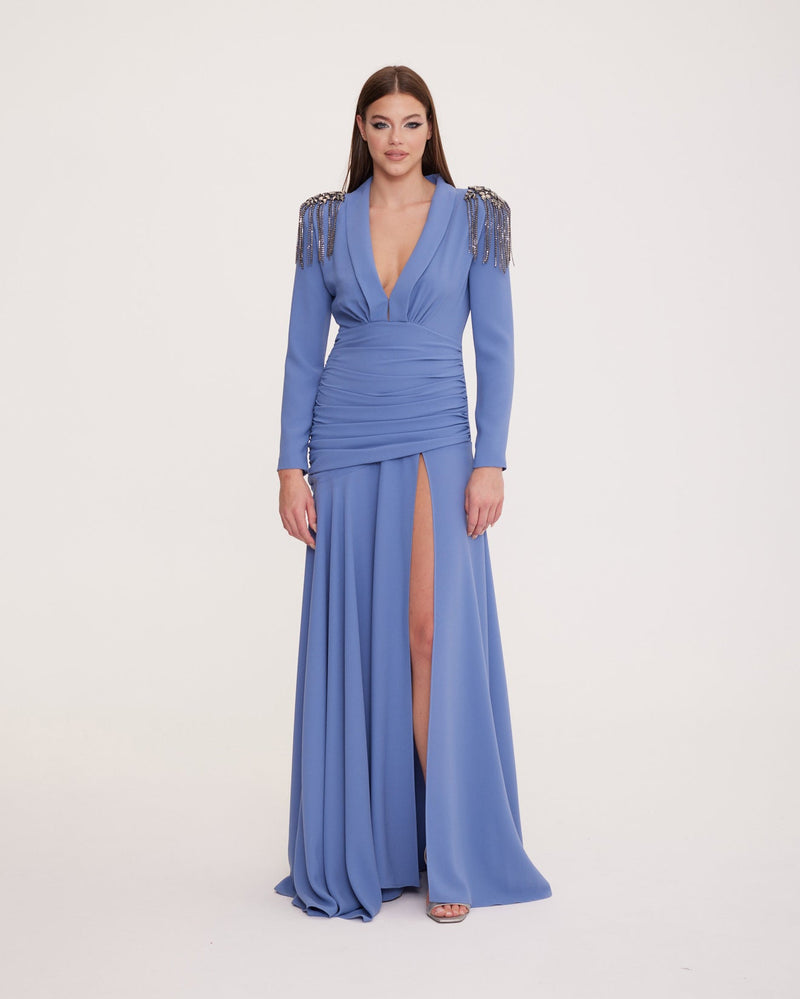 Galler - Long Sleeve V-Neck Deep Slit Dress