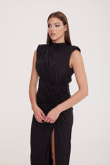 Hazel - Shawl Collar Shimmering Dress with Draped Detail