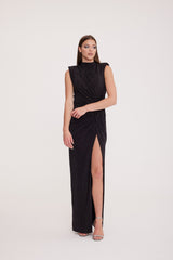 Hazel - Shawl Collar Shimmering Dress with Draped Detail