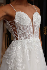 Jocelyn - V-neck lace embroidered wedding dress with wide straps