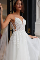 Jocelyn - V-neck lace embroidered wedding dress with wide straps