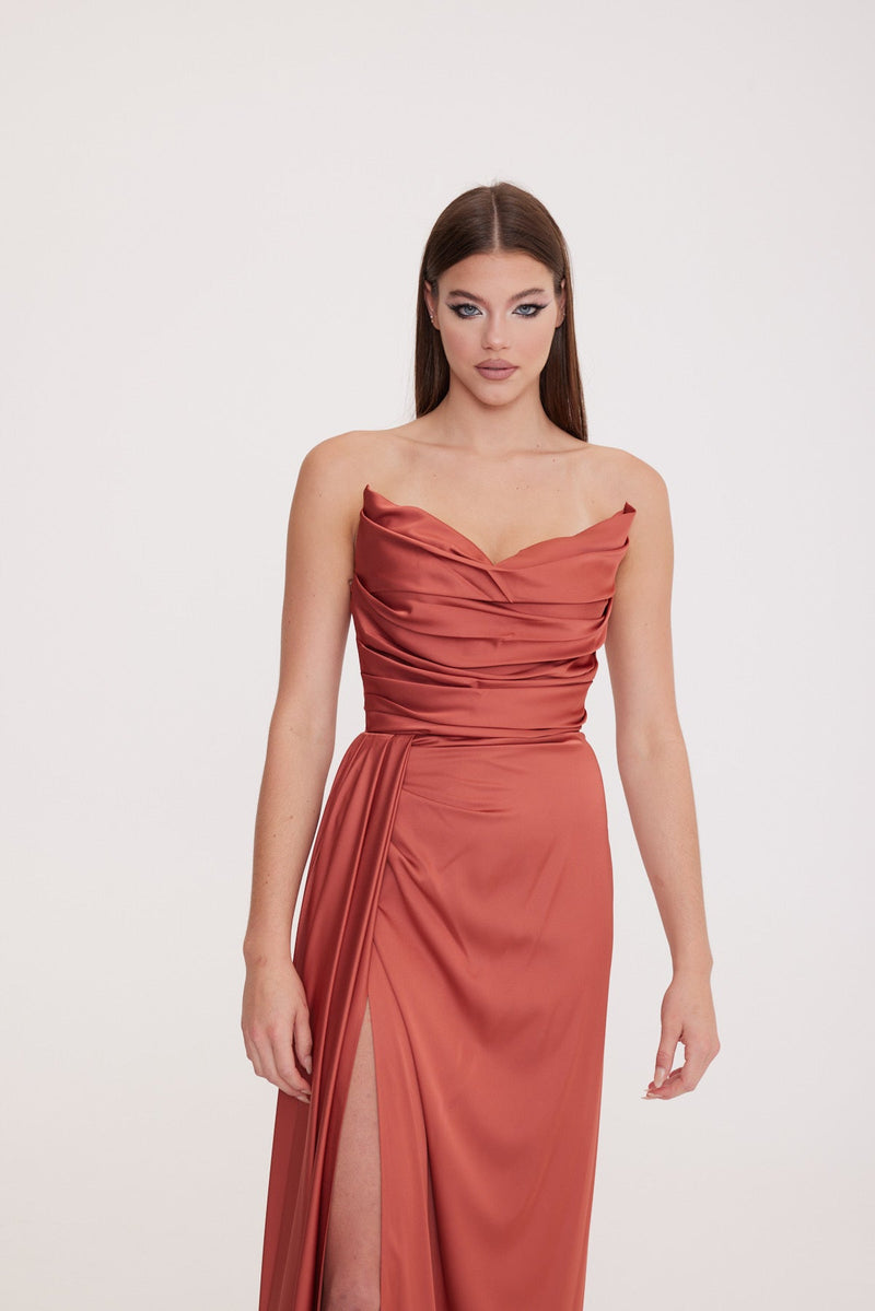 Satin Maxi Dress-Strapless Wedding Guest Dress-Prom Dress