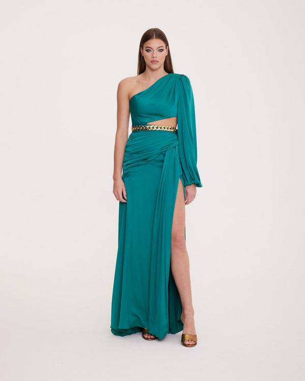 One-Shoulder Dress with Chain Detail and Deep Slit