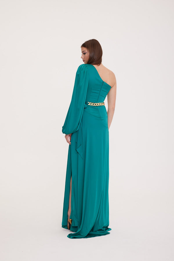 One-Shoulder Dress with Chain Detail and Deep Slit