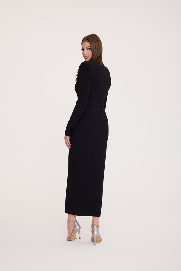 Spes - Long Sleeve Dress with Deep Slit and Buckle Detail