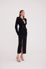 Spes - Long Sleeve Dress with Deep Slit and Buckle Detail