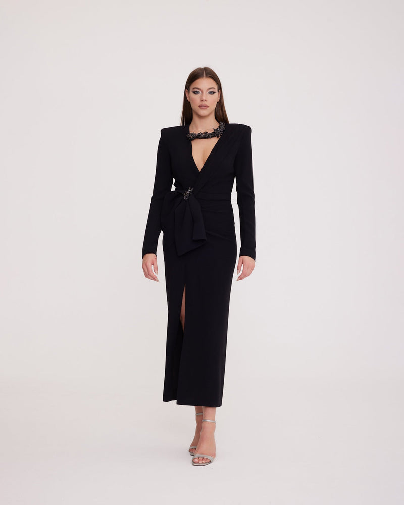 Spes - Long Sleeve Dress with Deep Slit and Buckle Detail