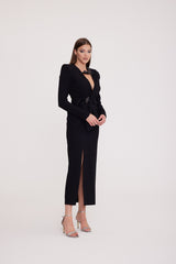 Spes - Long Sleeve Dress with Deep Slit and Buckle Detail