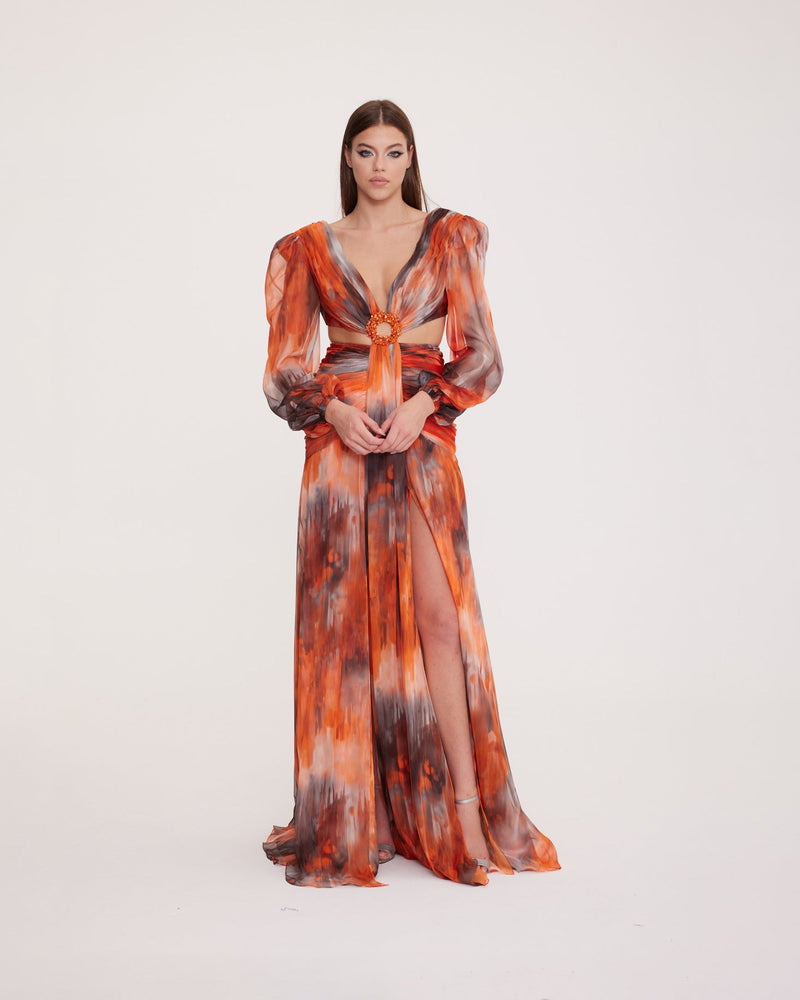 Wendy - Patterned Chiffon Dress with Deep Neckline Decolletage Galisa Grace Wendy - Patterned Chiffon Dress with Deep Neckline Decolletage Galisa Grace